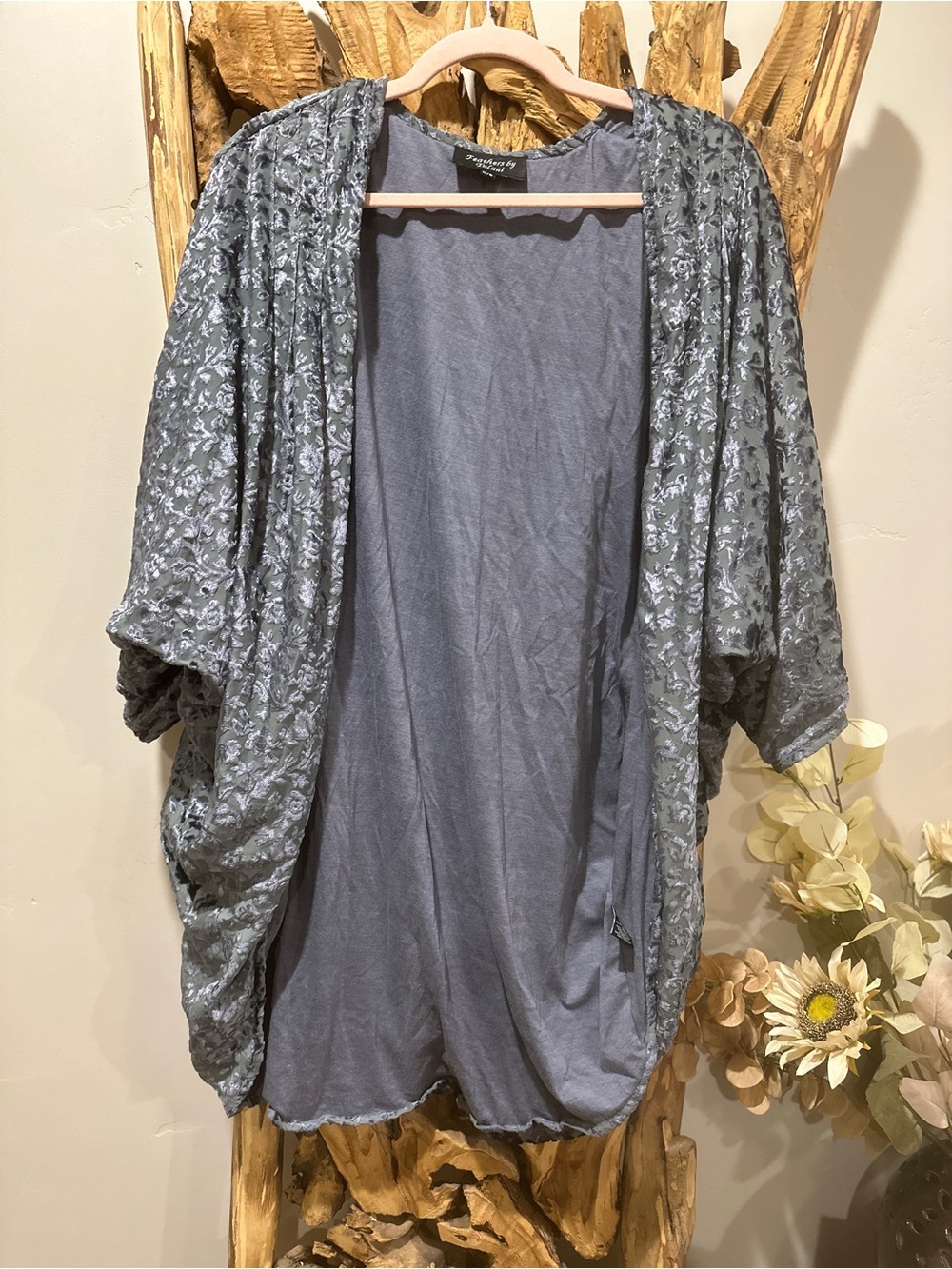 Open-Front Velvet Burnout Kimono Jacket in Slate Gray